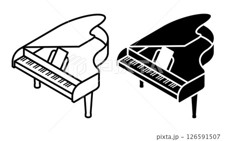 Linear icon, isometric concert piano royal top view. Pianist place under spotlights on stage. Simple black and white top view vector isolated on white background 126591507