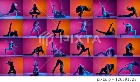 Vibrant collage. Female dancer expressing emotion and strength through floor choreography in vibrant neon light against purple-orange gradient background Vibrant collage. Female dancer expressing emotion and strength through floor choreography in vibrant neon light against purple-orange gradient background 126591528