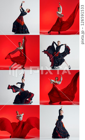 Motion collage. Female flamenco dancer with bold gestures, black-red skirts and dramatic expressions against white background. 126591533