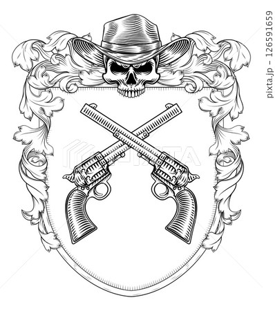 Cowboy Skull Guns Crest Coat of Arms Shield Design Cowboy Skull Guns Crest Coat of Arms Shield Design 126591659