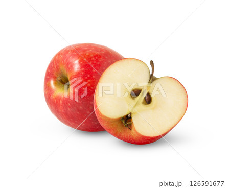 Red fresh apple and a half isolated. Pink lady apples and a cut with clipping path. Red fresh apple and a half isolated. Pink lady apples and a cut with clipping path. 126591677