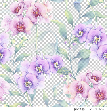 Orchid watercolor seamless pattern. Hand-drawn illustration of pink and purple tropical flowers and lush green foliage. Perfect for fabric prints, beach bag decor, wallpapers, summer textile designs Orchid watercolor seamless pattern. Hand-drawn illustration of pink and purple tropical flowers and lush green foliage. Perfect for fabric prints, beach bag decor, wallpapers, summer textile designs 126591687