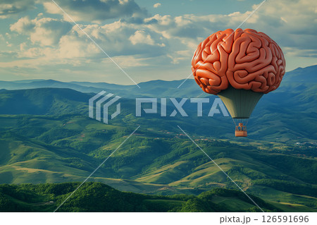 A hot air balloon in the shape of a brain flies in the mountains A hot air balloon in the shape of a brain flies in the mountains 126591696