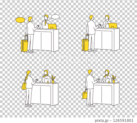 受付カウンターで案内を受ける人々のセット 126591801