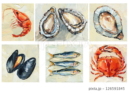 seafood collection oil painting with shrimp crab oysters mussels sardines gourmet marine food shellfish ocean art decor seafood collection oil painting with shrimp crab oysters mussels sardines gourmet marine food shellfish ocean art decor 126591845