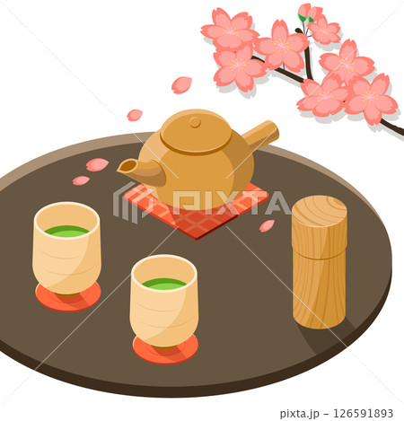 桜の花見とお茶_アイソメトリックのイラスト 126591893