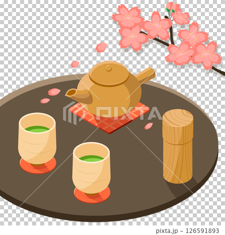 桜の花見とお茶_アイソメトリックのイラスト 126591893
