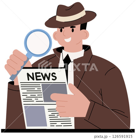 Professional detective concept. Agent investigating a crime place and looking for clues. Person solving crime by talking to witness and collecting physical evidence. Vector illustration	 126591915