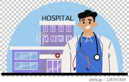 Family doctor concept. Healthcare, modern medicine treatment, expertize and diagnostic. Medical specialist in the uniform. Medical treatment and recovery. Flat vector illustration	 126591916