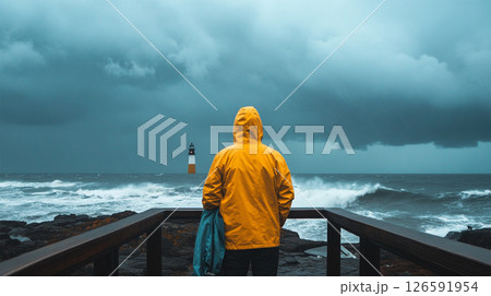Person in raincoat facing stormy sea and lighthouse Person in raincoat facing stormy sea and lighthouse 126591954