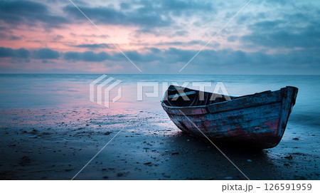 Abandoned boat on a misty beach at dawn 126591959