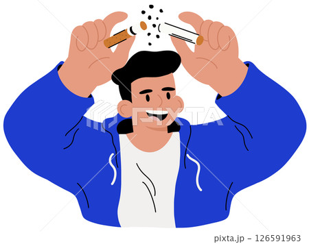 No Tobacco Day concept. A man breaks a cigarette, committing to quitting smoking for health. Positive lifestyle change. Vector illustration. 126591963