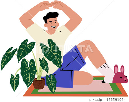 Comfortable living space with joyful man making heart gesture. Indoor relaxation, love for the personal space. Vector illustration. Comfortable living space with joyful man making heart gesture. Indoor relaxation, love for the personal space. Vector illustration. 126591964