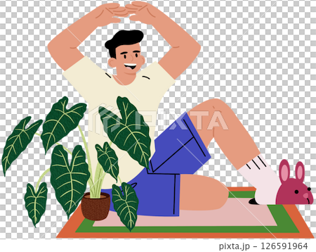Comfortable living space with joyful man making heart gesture. Indoor relaxation, love for the personal space. Vector illustration. Comfortable living space with joyful man making heart gesture. Indoor relaxation, love for the personal space. Vector illustration. 126591964