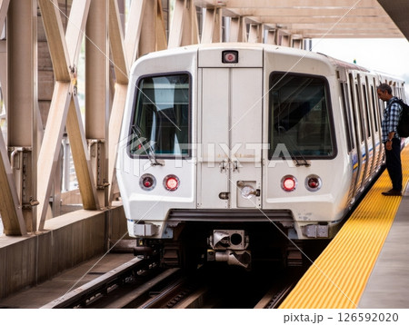 A sleek train approaches the station ready to embark on its next journey. Passengers await eagerly while enjoying the clean architectural lines of this bustling transit hub. 126592020