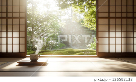 Japanese tatami room with open doors and a steaming cup 126592138