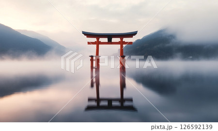 Torii red gate in misty water with mountains scene 126592139