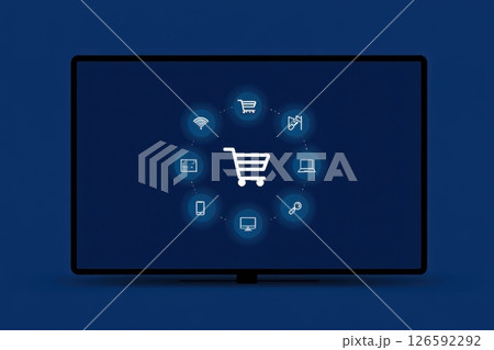 A vibrant display showcases a central shopping cart surrounded by various digital devices and services highlighting the interconnectedness of modern online shopping in a tech-savvy world. 126592292