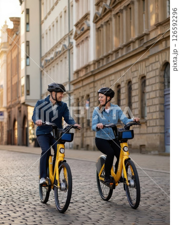 Two cyclists share a joyful moment while riding vibrant yellow bikes on a cobblestone street in a picturesque urban setting. Their smiles reflect the warm afternoon glow. 126592296