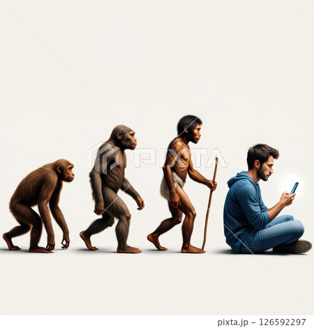 From early primates to a contemporary individual seated with a smartphone this visual narrates the transformation of human evolution across time and technology in a thought-provoking way. 126592297