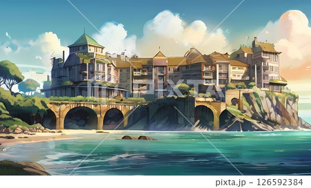 ゲーム背景　海の島の上にあるリゾートホテル 126592384