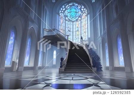 RPGファンタジーゲーム背景　異世界ステンドグラスのある大聖堂ホール俯瞰 126592385