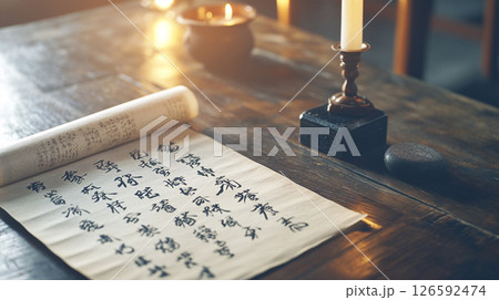 Ancient wooden table with an open scroll for calligraphy, a fine brush 126592474