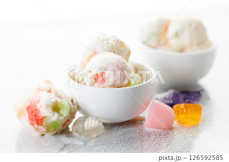 Milk yogurt and jelly ice cream in a white bowl. Milk yogurt and jelly ice cream in a white bowl. 126592585