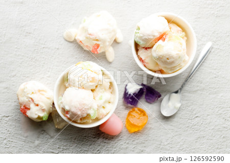 Milk yogurt and jelly ice cream in a white bowl. 126592590