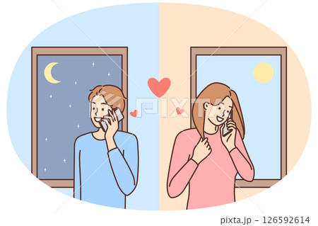Man and woman in love are flirting on phone in different countries during trip 126592614