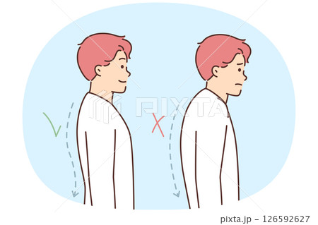 Man with correct and incorrect posture or hidden spine that negatively affects health 126592627