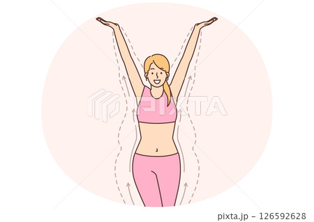 Slender woman standing among lines demonstrating figure before losing weight 126592628