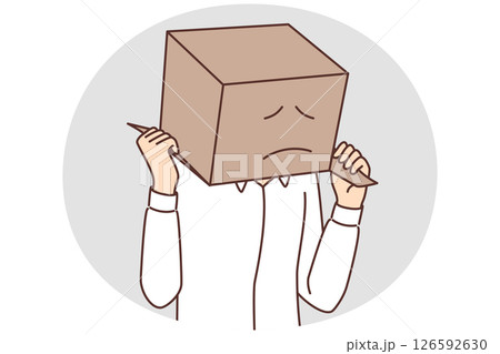 Man with cardboard box on head with painted sad face due problems with courier company 126592630