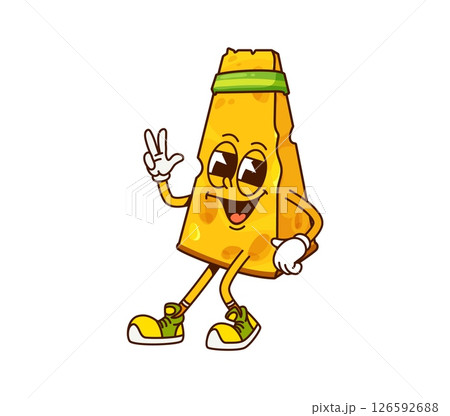 Cheese groovy funny character doing fitness. Emmental hard cheese chunk 60s 70s groovy happy character, edam piece vintage funky vector cute mascot. Parmesan wedge retro personage wearing headband 126592688