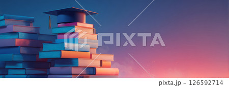 stack of books gently piling up with a graduation cap appearing on top 126592714