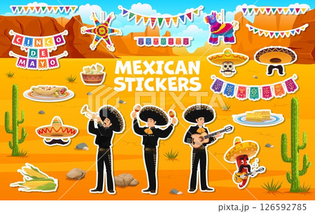 Mexican mariachi musicians and Cinco de Mayo holiday stickers pack, cartoon vector. Mexican mariachi men in sombrero hats with guitars and maracas, pinata and chili pepper with mustaches for stickers 126592785