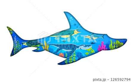 Paper cut underwater dinosaur silhouettes with prehistoric sea landscape, water animals and reptile. Vector 3d paper cut ophthalmosaurus frame with cartoon liopleurodon, archelon, tylosaurus dinosaurs Paper cut underwater dinosaur silhouettes with prehistoric sea landscape, water animals and reptile. Vector 3d paper cut ophthalmosaurus frame with cartoon liopleurodon, archelon, tylosaurus dinosaurs 126592794