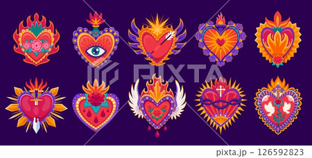 Mexican sacred heart tattoo set for love symbols with fire, eye and blood drops, vector Mexico art. Sacred heart or Corazon sagrado tattoo design with heart on wings or dagger sword and catholic cross 126592823