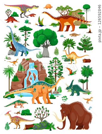 Prehistoric era dinosaurs characters, plants and waterfall, trees and mountain vector landscape. Cartoon tarbosaurus, mammoth, wuerhosaurus and chasmosaurus, tapejara and velociraptor dinosaurs Prehistoric era dinosaurs characters, plants and waterfall, trees and mountain vector landscape. Cartoon tarbosaurus, mammoth, wuerhosaurus and chasmosaurus, tapejara and velociraptor dinosaurs 126592846