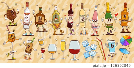 Cartoon groovy alcohol drink and beverage characters of retro hippie bottles and glasses, ice cubes and drinking straws. Vector groovy wine, champagne, whiskey and tequila, vodka, rum and yerba mate 126592849