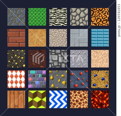 8 bit pixel art game tiles with seamless patterns and textures set, vector cartoon backgrounds. 8bit pixel pattern tiles of brick wall, stones and lava, wood plank and dragon scale for game background 126592853