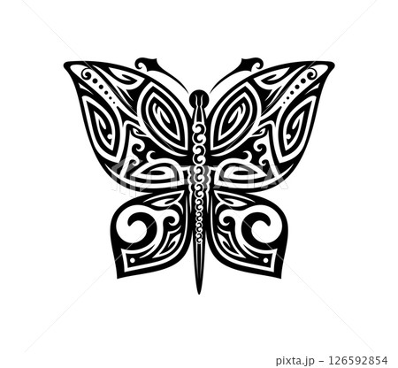 New Zealand Maori tribal butterfly animal tattoo. Polynesian Maori tribal sign, Hawaiian culture motif vector print. Samoan tribe warrior tattoo or New Zealand ethnic animal isolated symbol 126592854