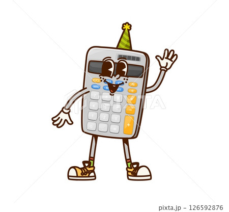 Cartoon groovy school stationery character of calculator with funny face, vector personage. Retro cartoon groovy school stationery character of mathematic calculator with Hi gesture and birthday cap 126592876