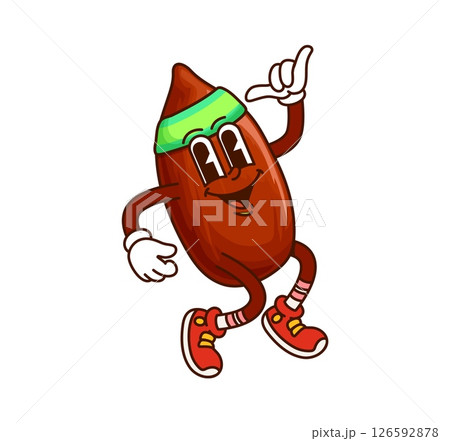Cartoon groovy almond nut and seed character showing a shaka sign. Isolated vector joyful, healthy and funky y2k protein food personage in hipster headband spread hippie y2k energy in retro sneakers 126592878