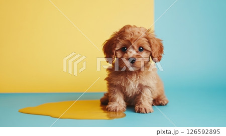 Guilty puppy lying near its urine puddle on light pastel background 126592895