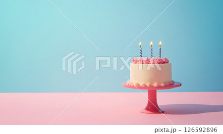 Birthday cake with candles, minimalist pastel background 126592896