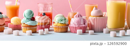 Cupcakes and ice cream with fruit juices and sugar arranged on pastel color background, unhealthy eating concept Cupcakes and ice cream with fruit juices and sugar arranged on pastel color background, unhealthy eating concept 126592900