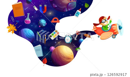Kid pilot in space sky with school supplies wave flying on plane, cartoon vector background for education. Happy kid pilot or aviator in airplane with school book and ruler, pencil and galaxy planet Kid pilot in space sky with school supplies wave flying on plane, cartoon vector background for education. Happy kid pilot or aviator in airplane with school book and ruler, pencil and galaxy planet 126592917