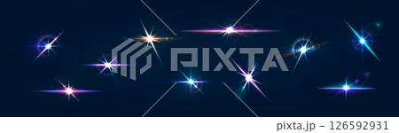Flash flare glow effect, star light. Diamond crystal, flare rainbow or prism reflection. Realistic 3d vector set of lens refraction, glass, jewelry or gem stone glare, radiant iridescent magical glow 126592931