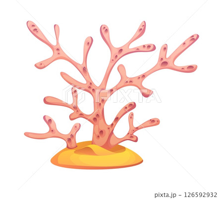 Underwater cartoon seaweed algae and coral reefs. Cartoon vector pink oceanic plant with rounded holes, organic branching structure, resting on a sandy yellow base. Marine underwater aquatic flora 126592932